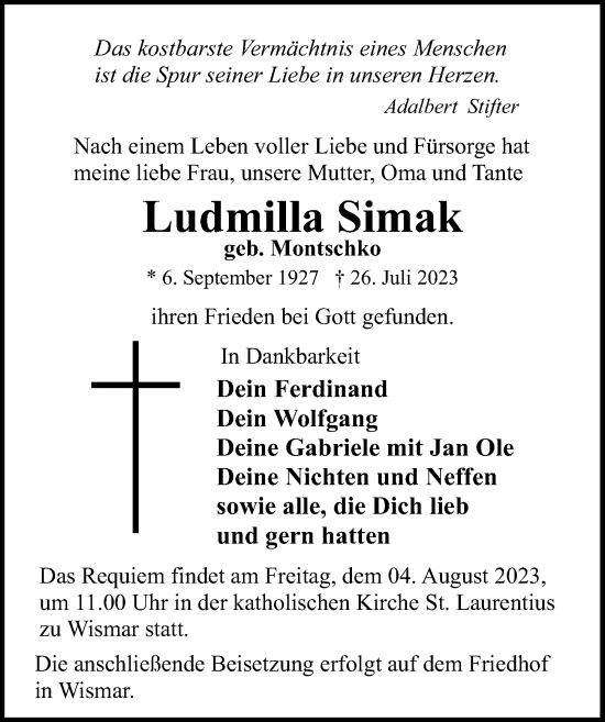 Traueranzeige von Ludmilla Simak von Ostsee-Zeitung GmbH