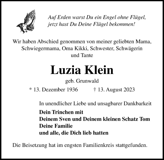 Traueranzeige von Luzia Klein von Lübecker Nachrichten