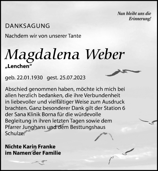 Traueranzeige von Magdalena Weber von Leipziger Volkszeitung