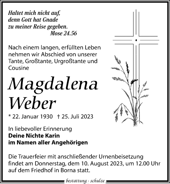 Traueranzeige von Magdalena Weber von Leipziger Volkszeitung