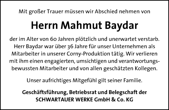 Traueranzeige von Mahmut Baydar von Lübecker Nachrichten