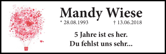 Traueranzeige von Mandy Wiese von Schaumburger Nachrichten