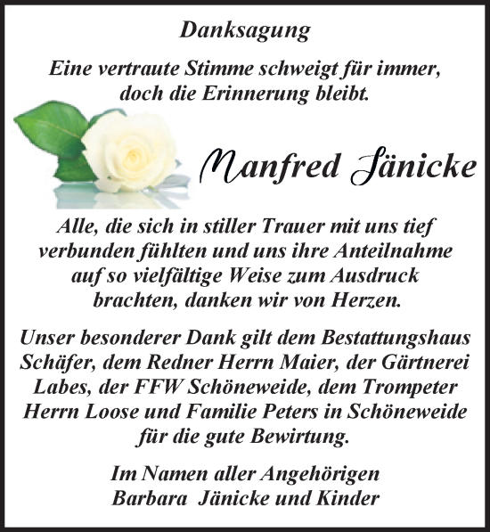 Traueranzeige von Manfred Jänicke von Märkischen Allgemeine Zeitung
