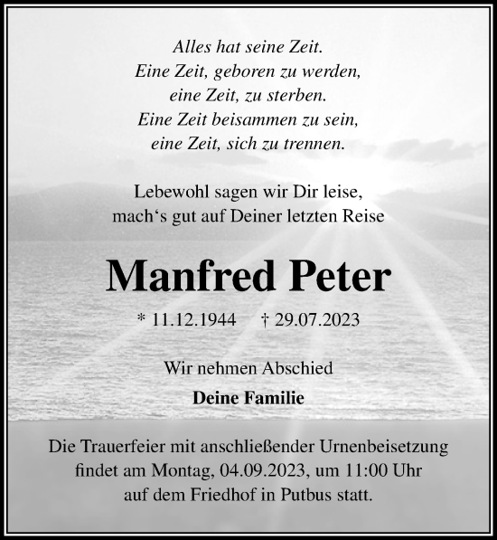 Traueranzeige von Manfred Peter von Ostsee-Zeitung GmbH