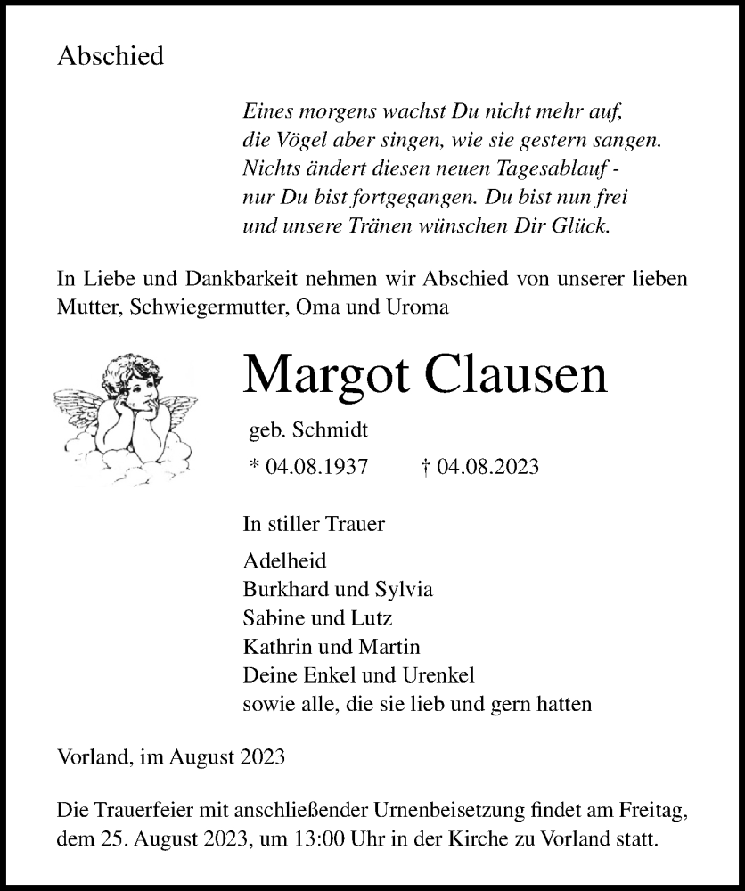  Traueranzeige für Margot Clausen vom 12.08.2023 aus Ostsee-Zeitung GmbH