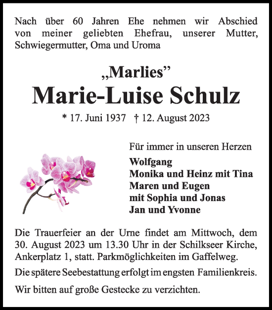 Traueranzeige von Marie-Luise Schulz von Kieler Nachrichten