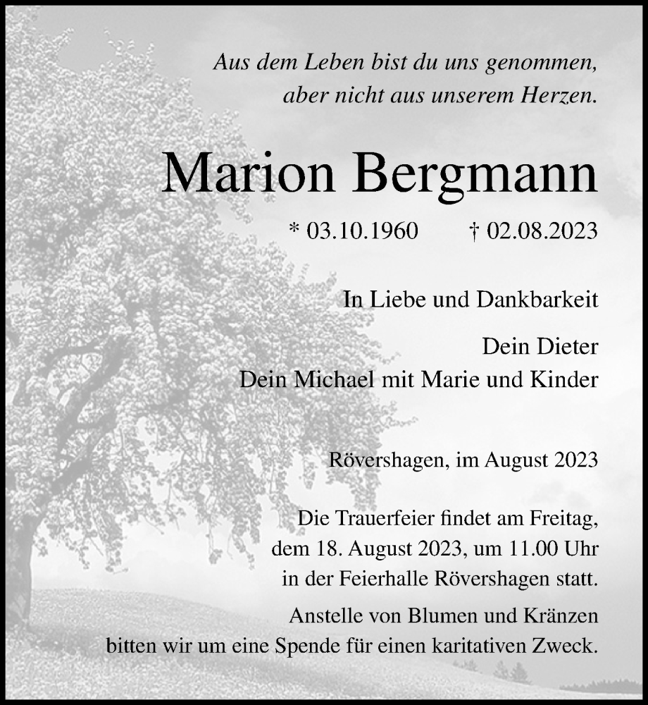  Traueranzeige für Marion Bergmann vom 12.08.2023 aus Ostsee-Zeitung GmbH
