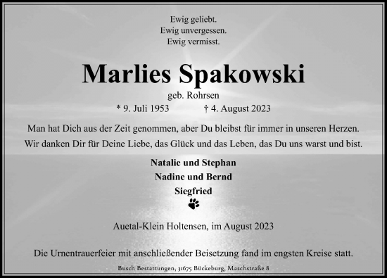 Traueranzeige von Marlies Spakowski von Schaumburger Nachrichten