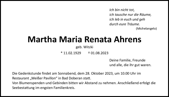 Traueranzeige von Martha Maria Renata Ahrens von Ostsee-Zeitung GmbH