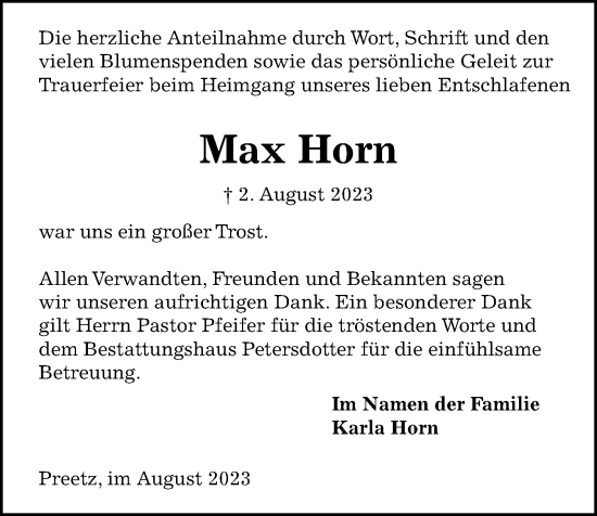 Traueranzeige von Max Horn von Kieler Nachrichten