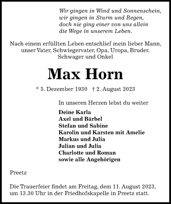 Traueranzeige von Max Horn von Kieler Nachrichten