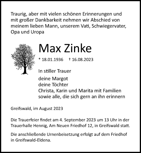 Traueranzeige von Max Zinke von Ostsee-Zeitung GmbH