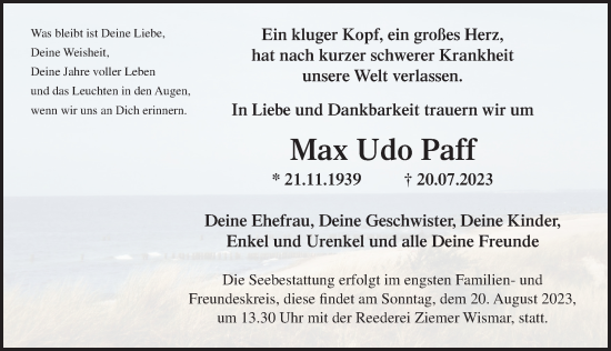 Traueranzeige von Max Udo Paff von Ostsee-Zeitung GmbH
