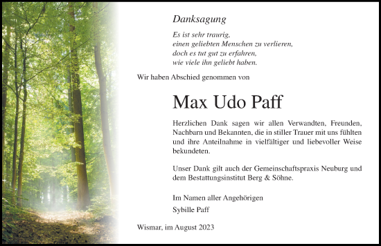 Traueranzeige von Max Udo Paff von Ostsee-Zeitung GmbH