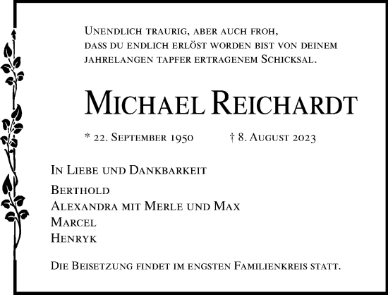 Traueranzeige von Michael Reichardt von Lübecker Nachrichten