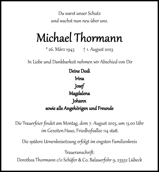 Traueranzeige von Michael Thormann von Lübecker Nachrichten