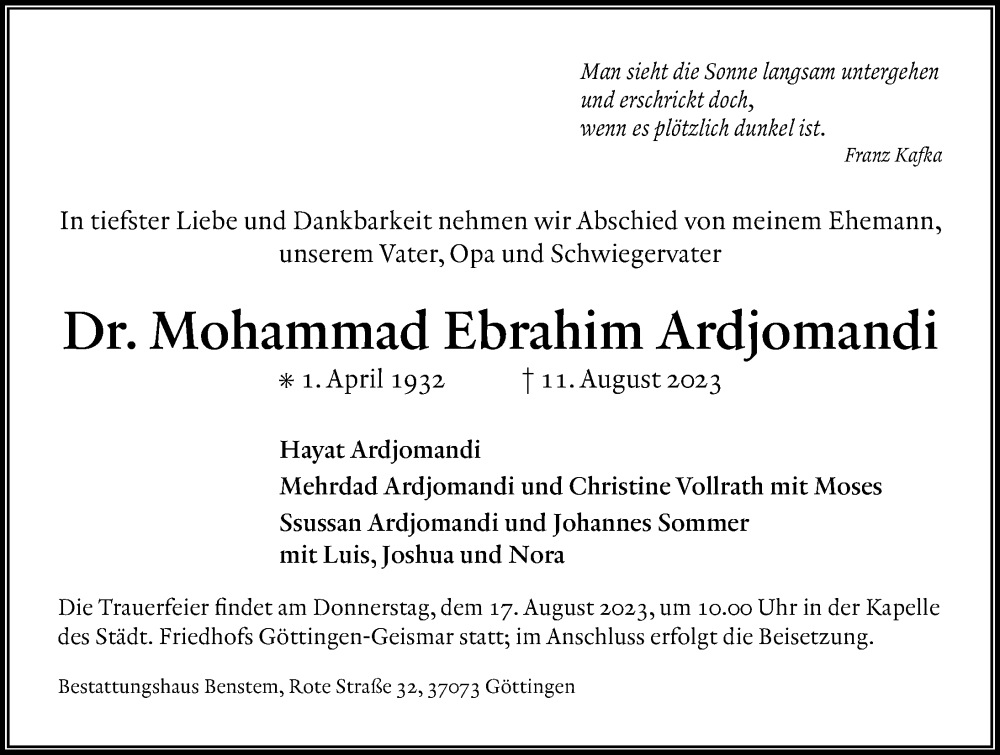  Traueranzeige für Mohammad Ebrahim Ardjomandi vom 15.08.2023 aus Göttinger Tageblatt