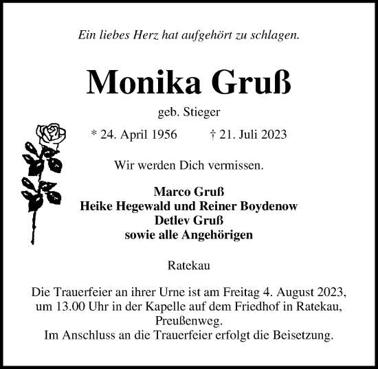 Traueranzeige von Monika Gruß von Lübecker Nachrichten