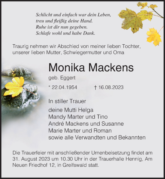 Traueranzeige von Monika Mackens von Ostsee-Zeitung GmbH