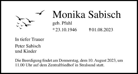 Traueranzeige von Monika Sabisch von Ostsee-Zeitung GmbH