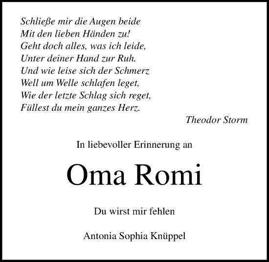 Traueranzeige von Oma Romi  von Lübecker Nachrichten