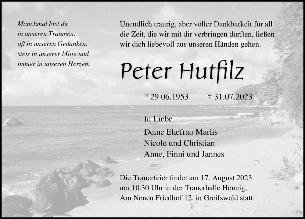  Traueranzeige für Peter Hutfilz vom 12.08.2023 aus Ostsee-Zeitung GmbH