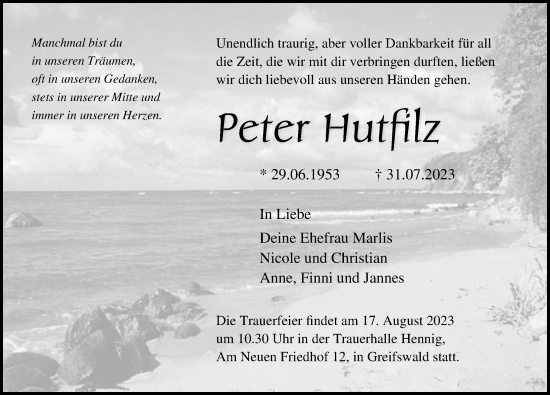 Traueranzeige von Peter Hutfilz von Ostsee-Zeitung GmbH