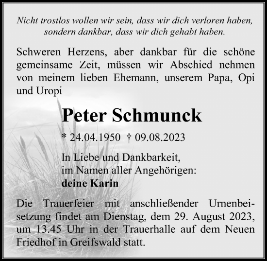 Traueranzeige von Peter Schmunck von Ostsee-Zeitung GmbH