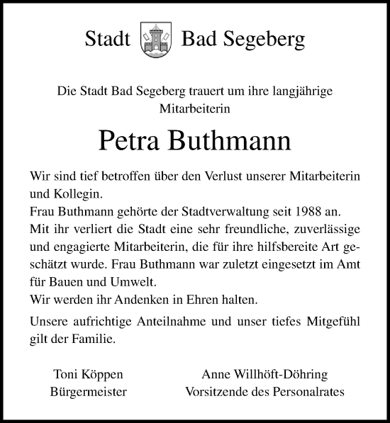 Traueranzeige von Petra Buthmann von Lübecker Nachrichten
