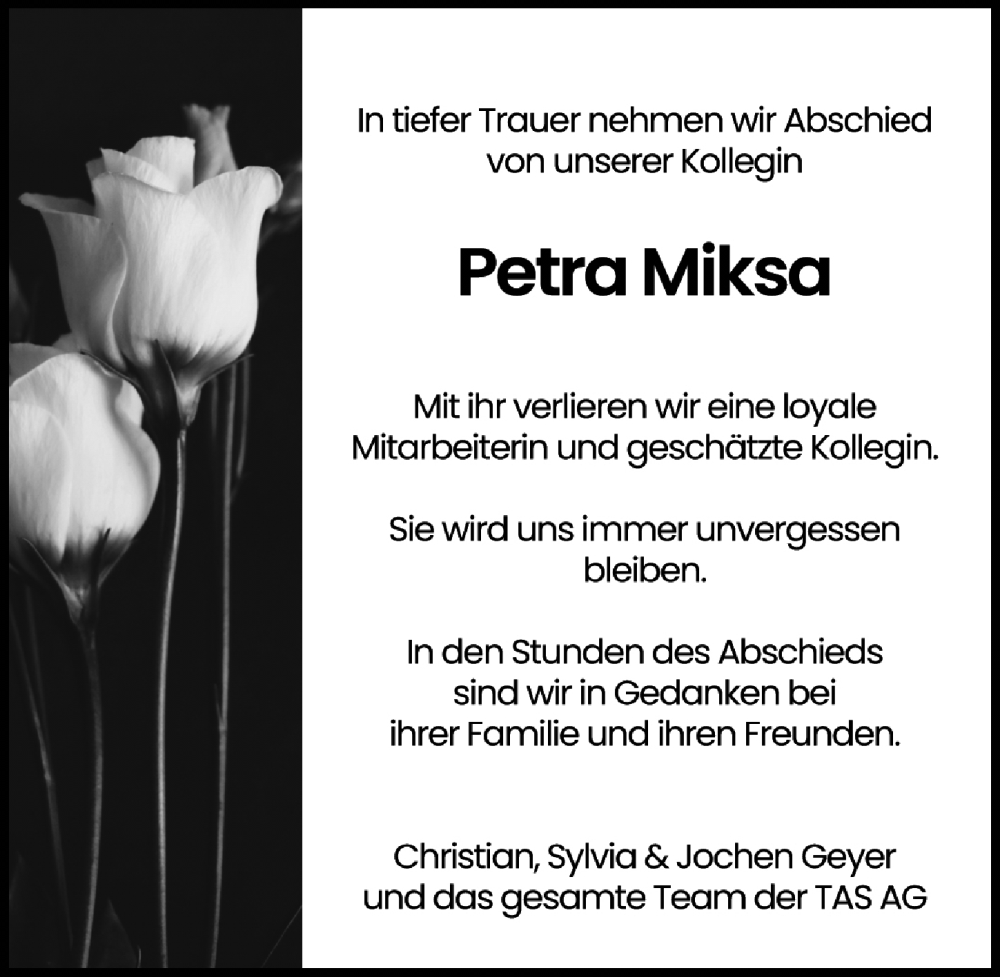  Traueranzeige für Petra Miksa vom 26.08.2023 aus Leipziger Volkszeitung