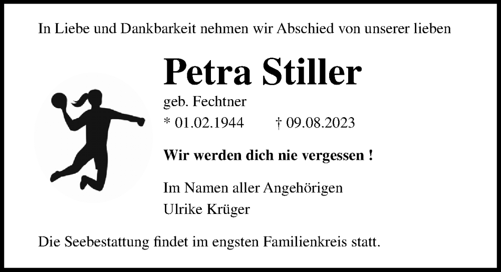  Traueranzeige für Petra Stiller vom 19.08.2023 aus Ostsee-Zeitung GmbH