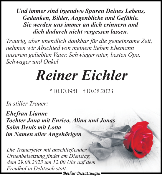 Traueranzeige von Reiner Eichler von Leipziger Volkszeitung