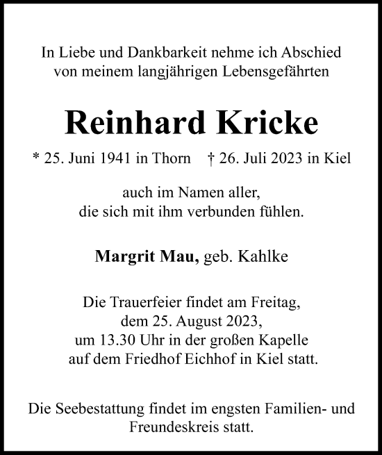 Traueranzeige von Reinhard Kricke von Kieler Nachrichten