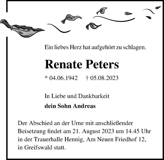 Traueranzeige von Renate Peters von Ostsee-Zeitung GmbH