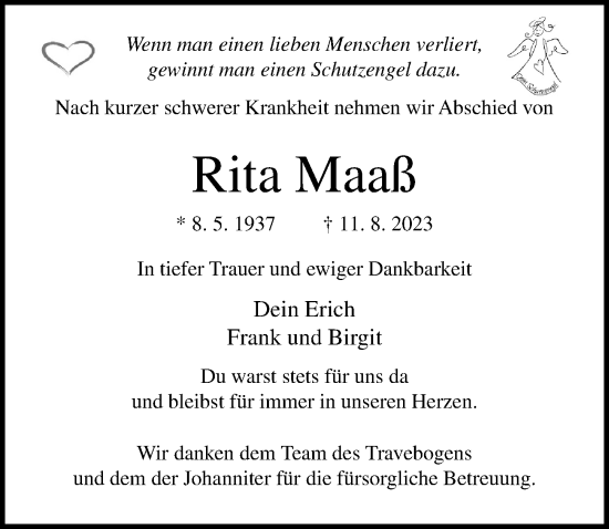 Traueranzeige von Rita Maaß von Lübecker Nachrichten