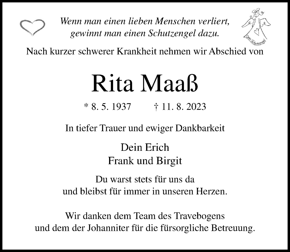  Traueranzeige für Rita Maaß vom 20.08.2023 aus Lübecker Nachrichten