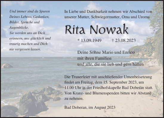 Traueranzeige von Rita Nowak von Ostsee-Zeitung GmbH