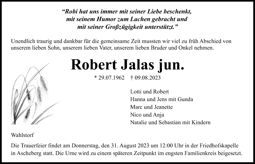  Traueranzeige für Robert Jalas vom 25.08.2023 aus Kieler Nachrichten