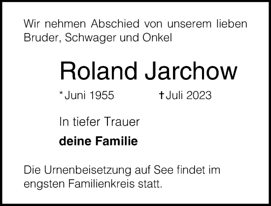 Traueranzeige von Roland Jarchow von Ostsee-Zeitung GmbH
