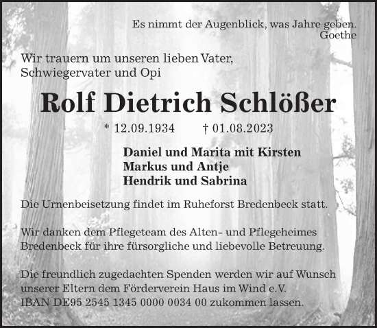 Traueranzeige von Rolf Dietrich Schlößer von Hannoversche Allgemeine Zeitung/Neue Presse