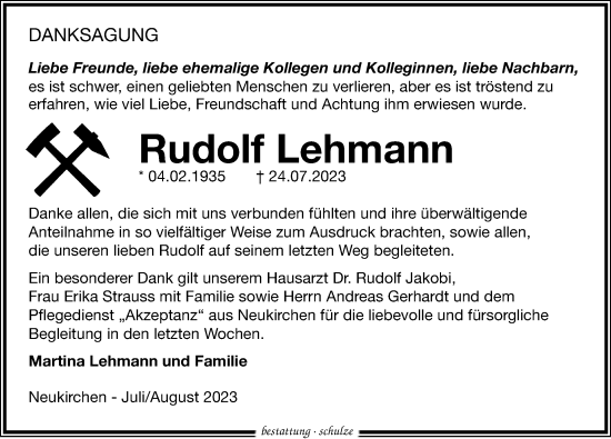 Traueranzeige von Rudolf Lehmann von Leipziger Volkszeitung