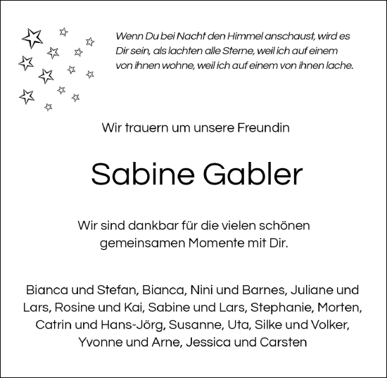 Traueranzeige von Sabine Gabler von Göttinger Tageblatt