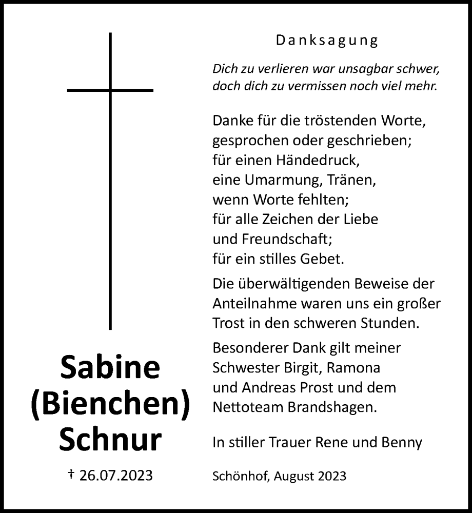  Traueranzeige für Sabine Schnur vom 26.08.2023 aus Ostsee-Zeitung GmbH