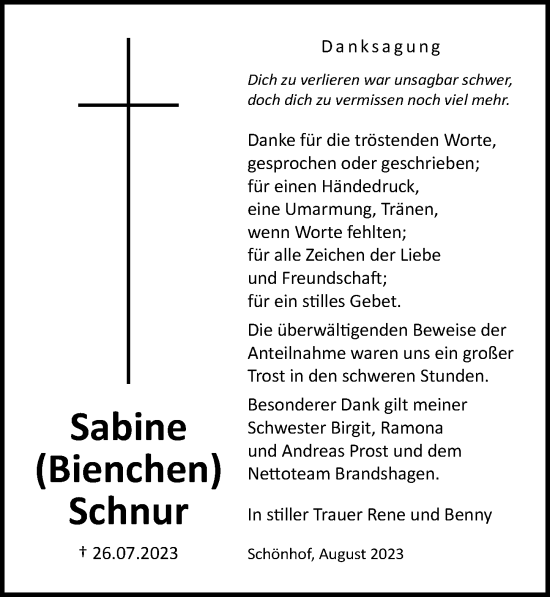 Traueranzeige von Sabine Schnur