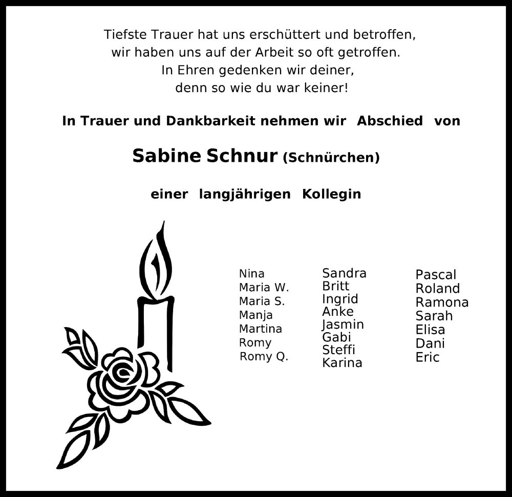  Traueranzeige für Sabine Schnur vom 05.08.2023 aus Ostsee-Zeitung GmbH
