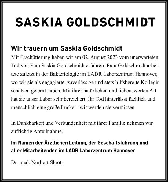 Traueranzeige von Saskia Goldschmidt von Hannoversche Allgemeine Zeitung/Neue Presse
