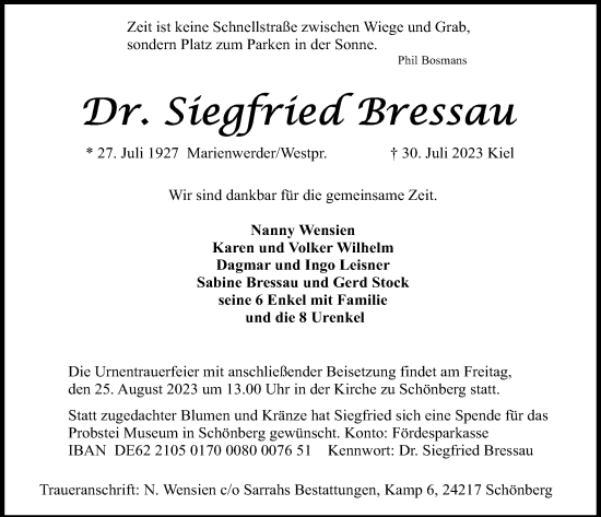 Traueranzeige von Siegfried Bressau von Kieler Nachrichten