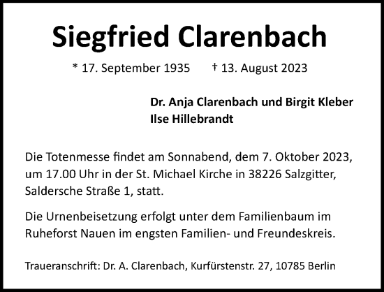 Traueranzeige von Siegfried Clarenbach von Lübecker Nachrichten
