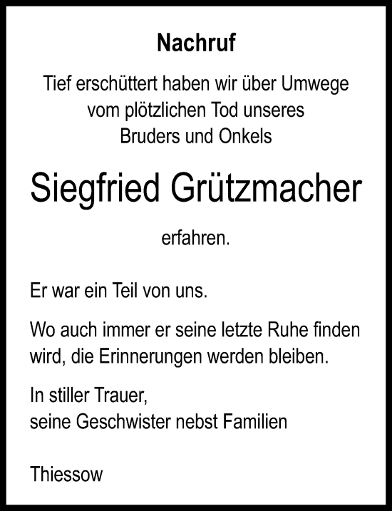 Traueranzeige von Siegfried Grützmacher von Ostsee-Zeitung GmbH