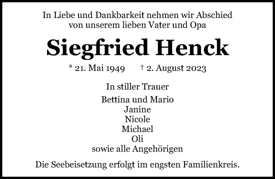 Traueranzeige von Siegfried Henck von Lübecker Nachrichten